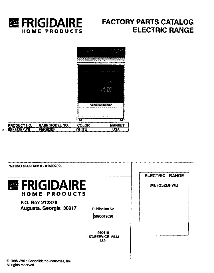 COVER Diagram and Parts List for MEF352BFWB  Frigidaire Range