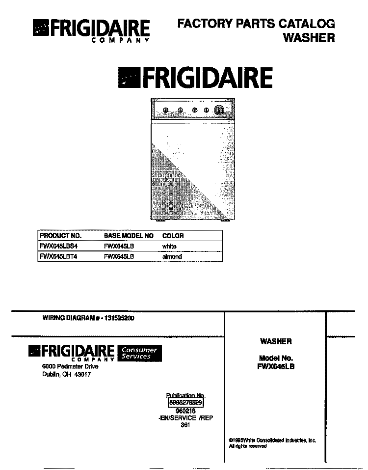 COVER Diagram and Parts List for FWX645LBS4  Frigidaire Washer