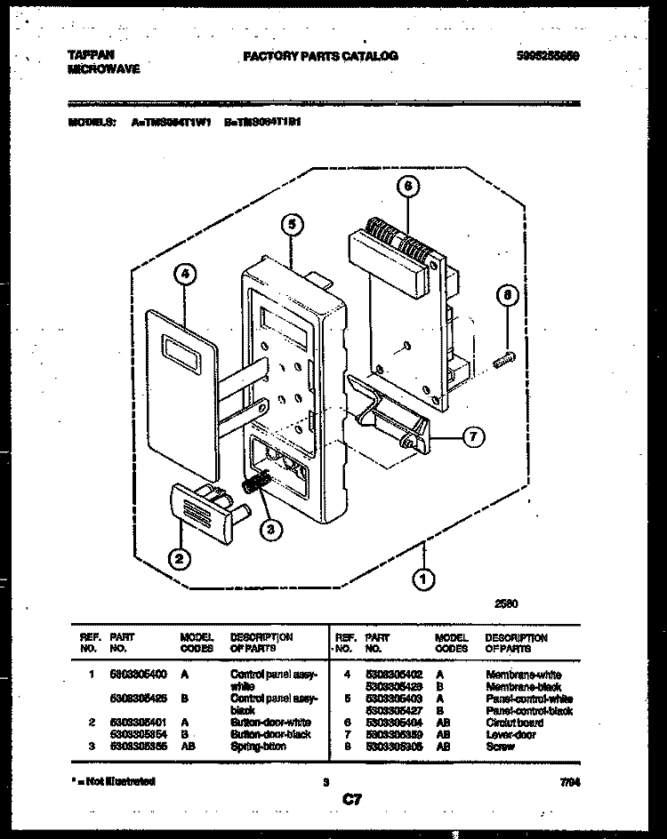 CONTROL PANEL Diagram and Parts List for TMS084T1W1  Tappan Microwave