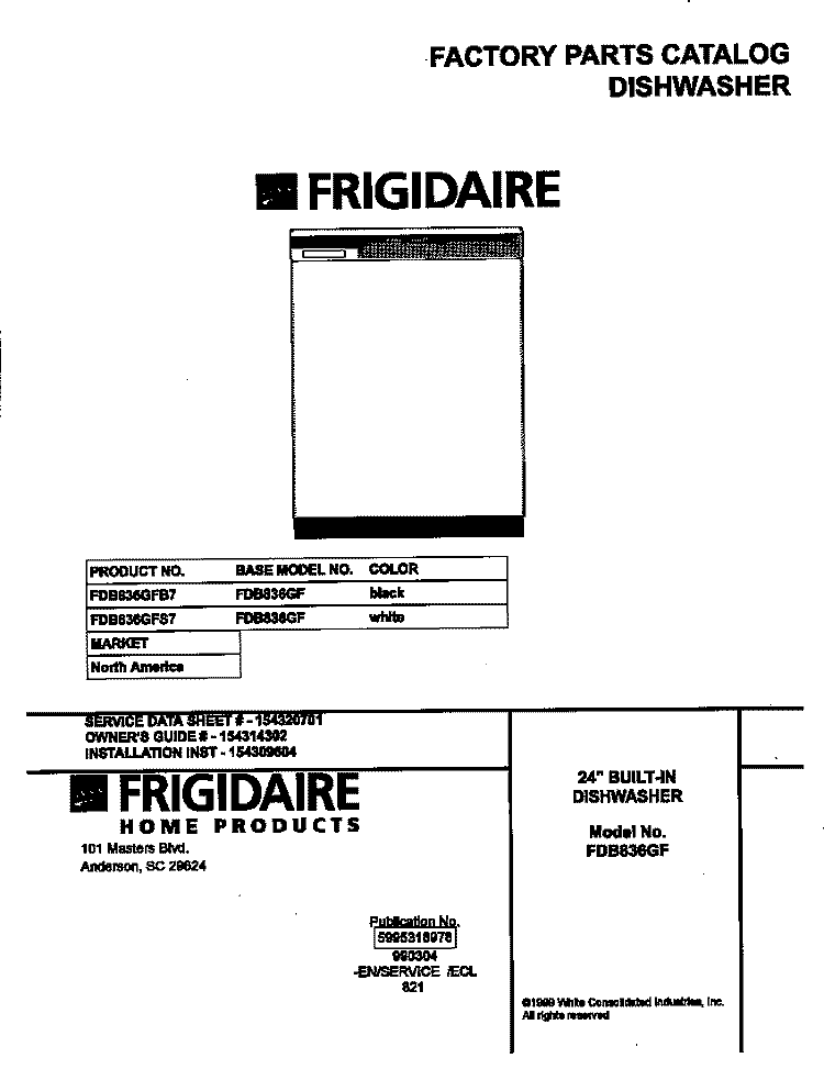 COVER Diagram and Parts List for FDB836GFB7  Frigidaire Dishwasher