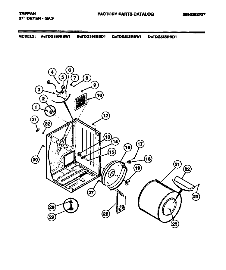 CABINET, DRUM Diagram and Parts List for TDG336RBW1  Tappan Dryer