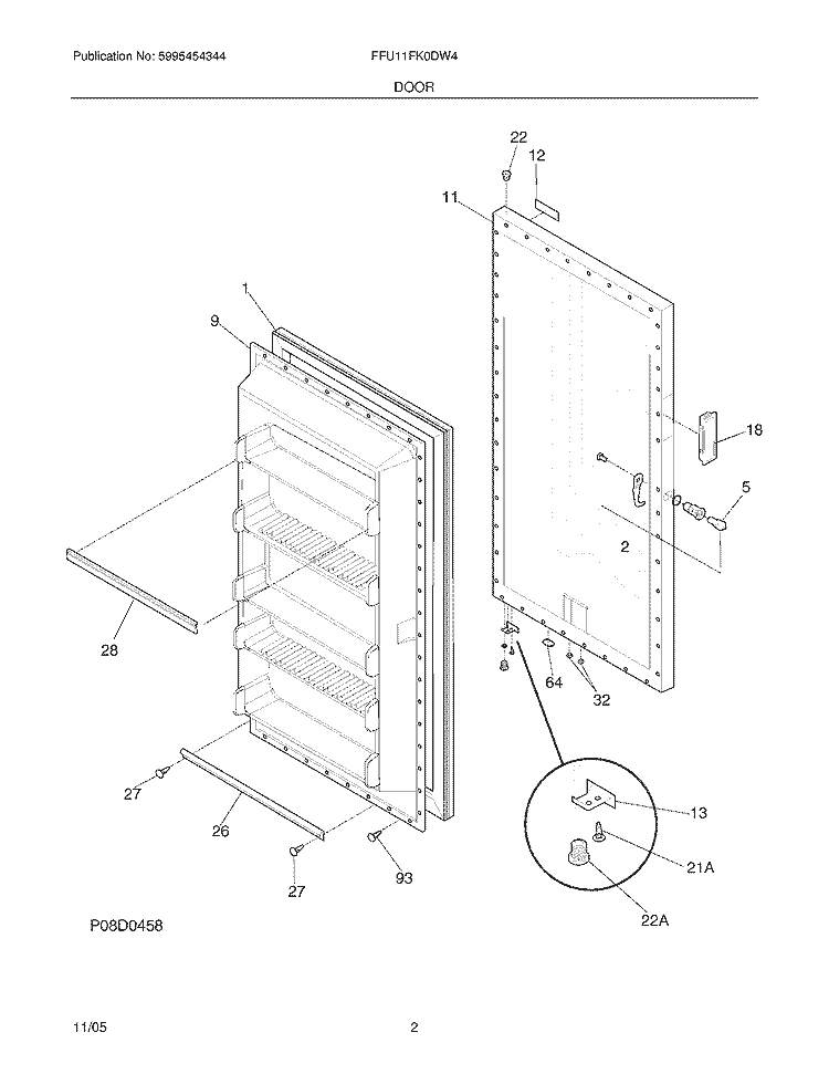DOOR Diagram and Parts List for FFU11FK0DW4  Frigidaire Freezer
