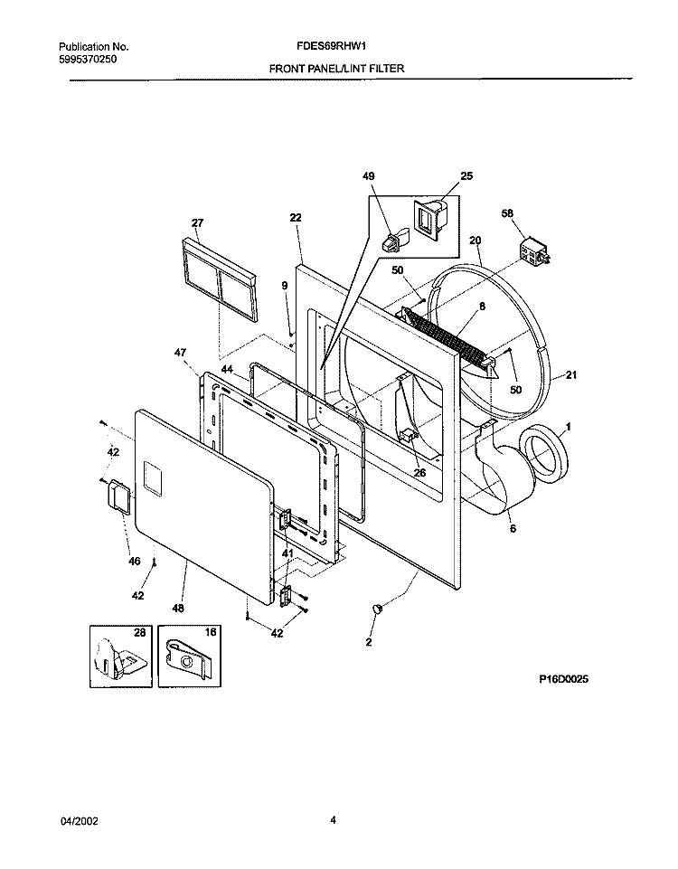 FRNT PNL, DOOR Diagram and Parts List for FDES69RHW1  Frigidaire Dryer