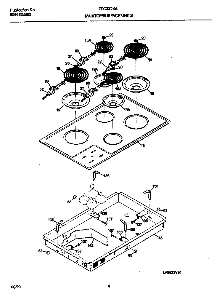 TOP / BURNERS Diagram and Parts List for FEC3X2XAC1  Frigidaire Cooktop