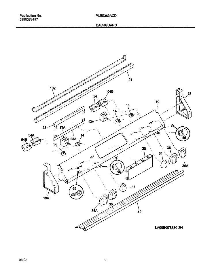 BACKGUARD Diagram and Parts List for PLES389ACD  Frigidaire Range