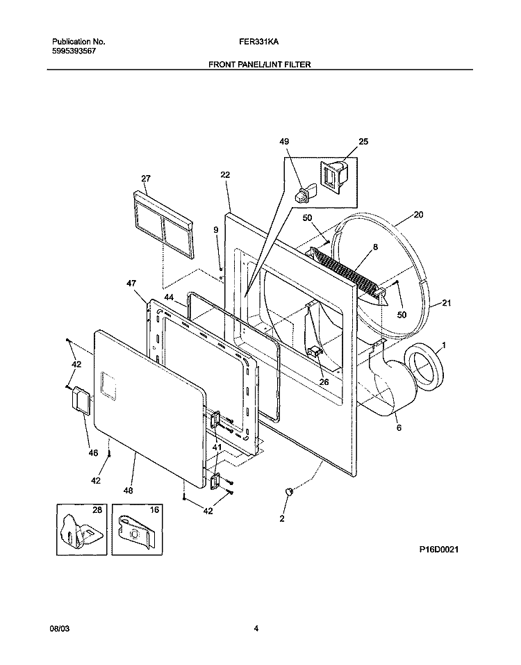 FRONT PANEL / LINT FILTER Diagram and Parts List for FER331KAS1  Frigidaire Dryer