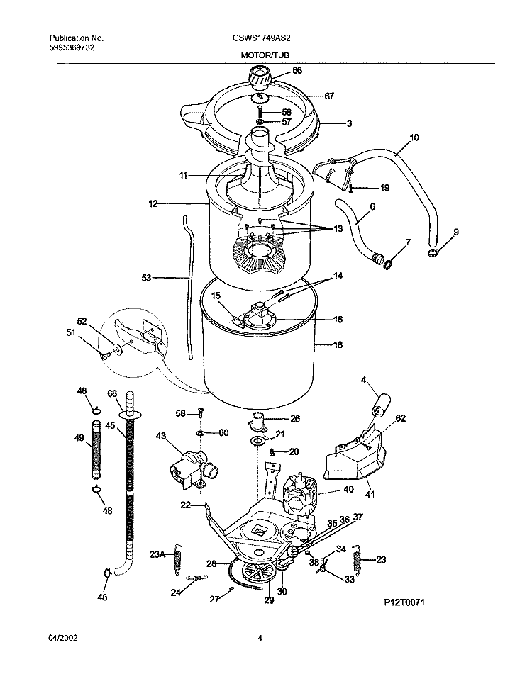 WSHR MTR, HOSE Diagram and Parts List for GSWS1749AS2  Frigidaire Washer