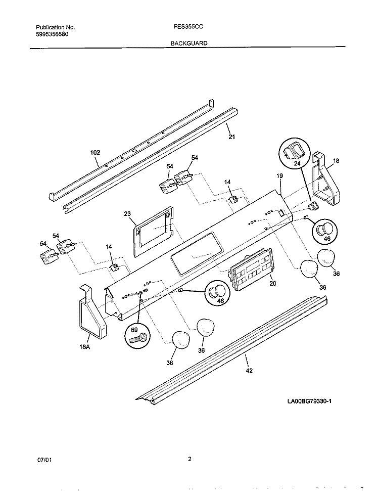 BACKGUARD Diagram and Parts List for FES355CCTK  Frigidaire Range