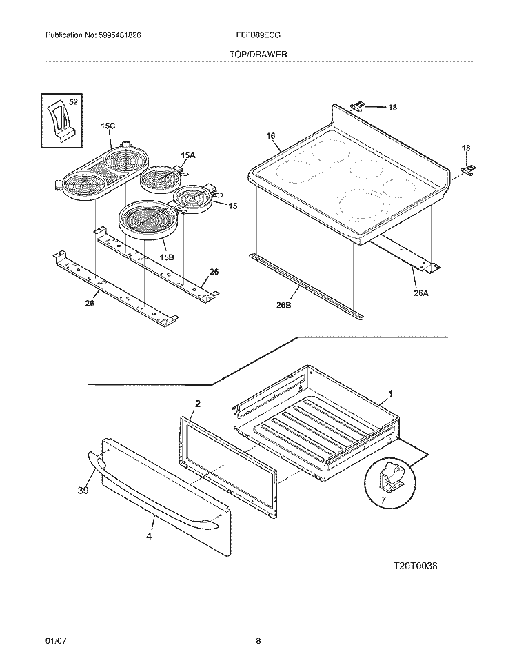 TOP / DRAWER Diagram and Parts List for FEFB89ECG  Frigidaire Range