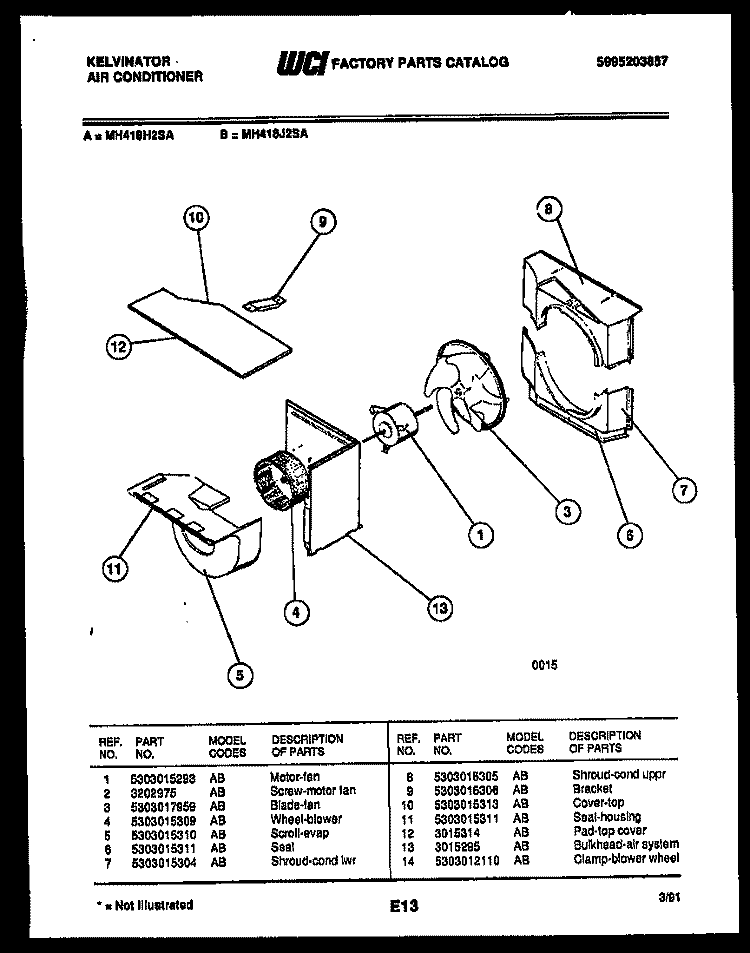 AIR HANDLING PARTS Diagram and Parts List for MH418J2SA  Kelvinator Air Conditioner