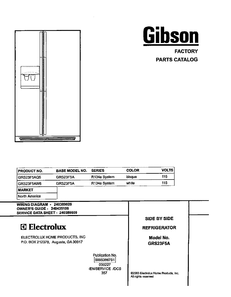 COVER Diagram and Parts List for GRS23F5AW6  Gibson Refrigerator