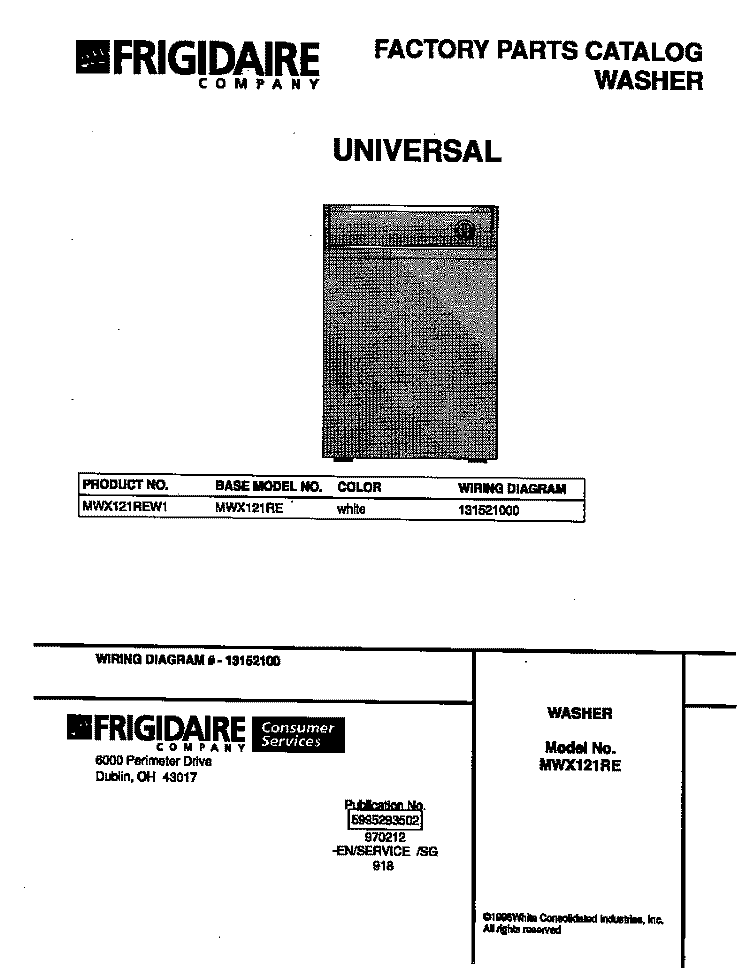 COVER Diagram and Parts List for MWX121REW1  Frigidaire Washer