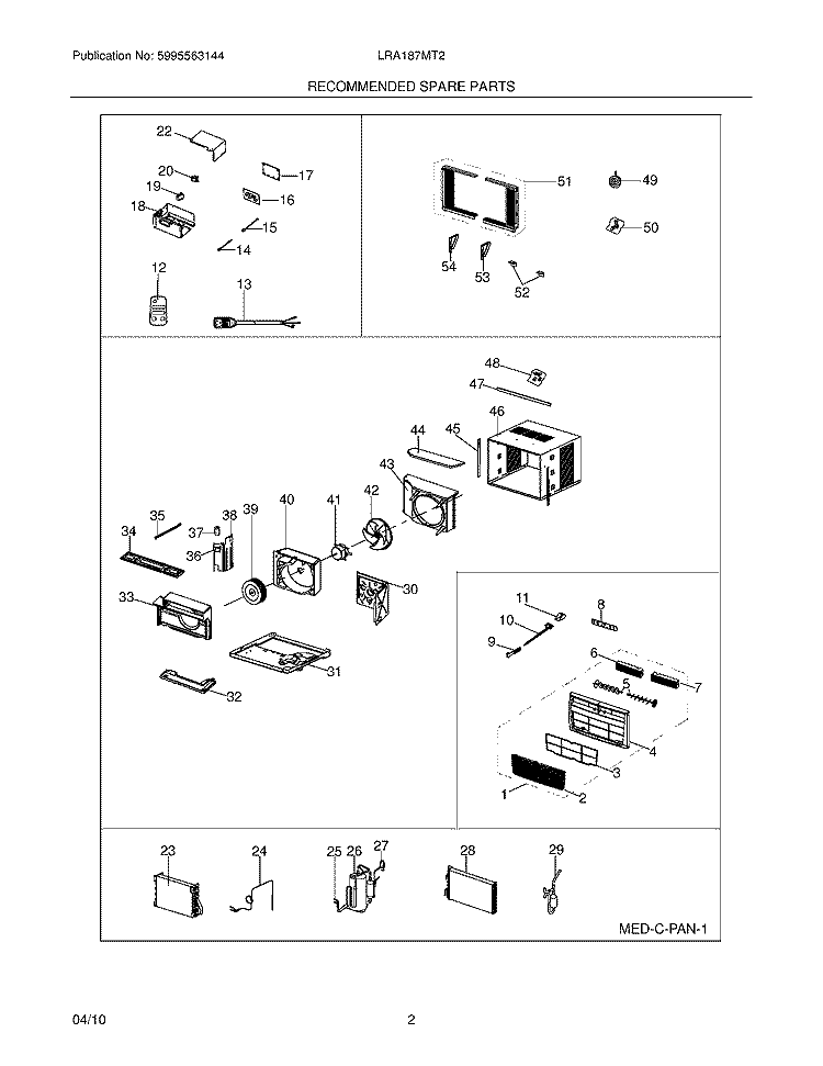 RECOMMENDED SPARE PARTS Diagram and Parts List for LRA187MT21  Frigidaire Air Conditioner