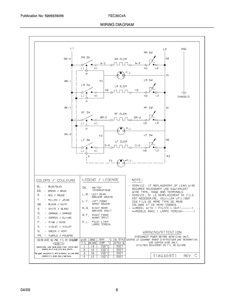 WIRING DIAGRAM Diagram and Parts List for FEC30C4AQ1  Frigidaire Cooktop