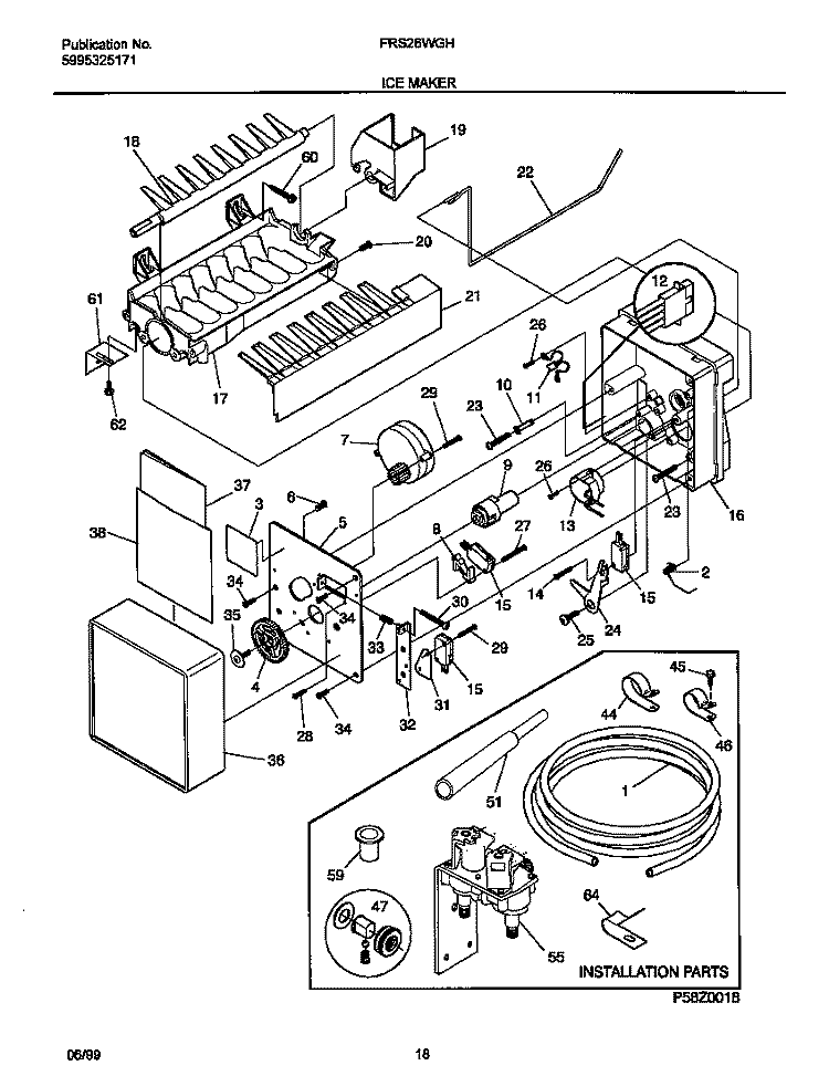 ICE MAKER Diagram and Parts List for FRS26WGHW2  Frigidaire Refrigerator