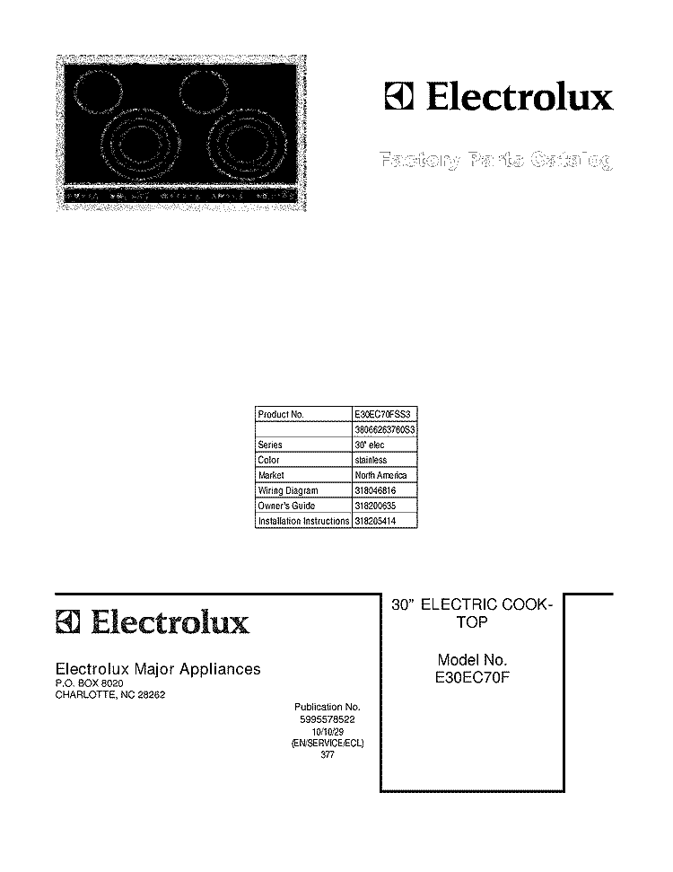COVER Diagram and Parts List for E30EC70FSS3  Electrolux Cooktop