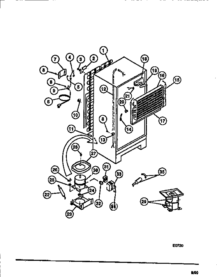 COMPRESSOR, CONDENSER, EVAPORATOR Diagram and Parts List for FPD14TLA1  Frigidaire Refrigerator