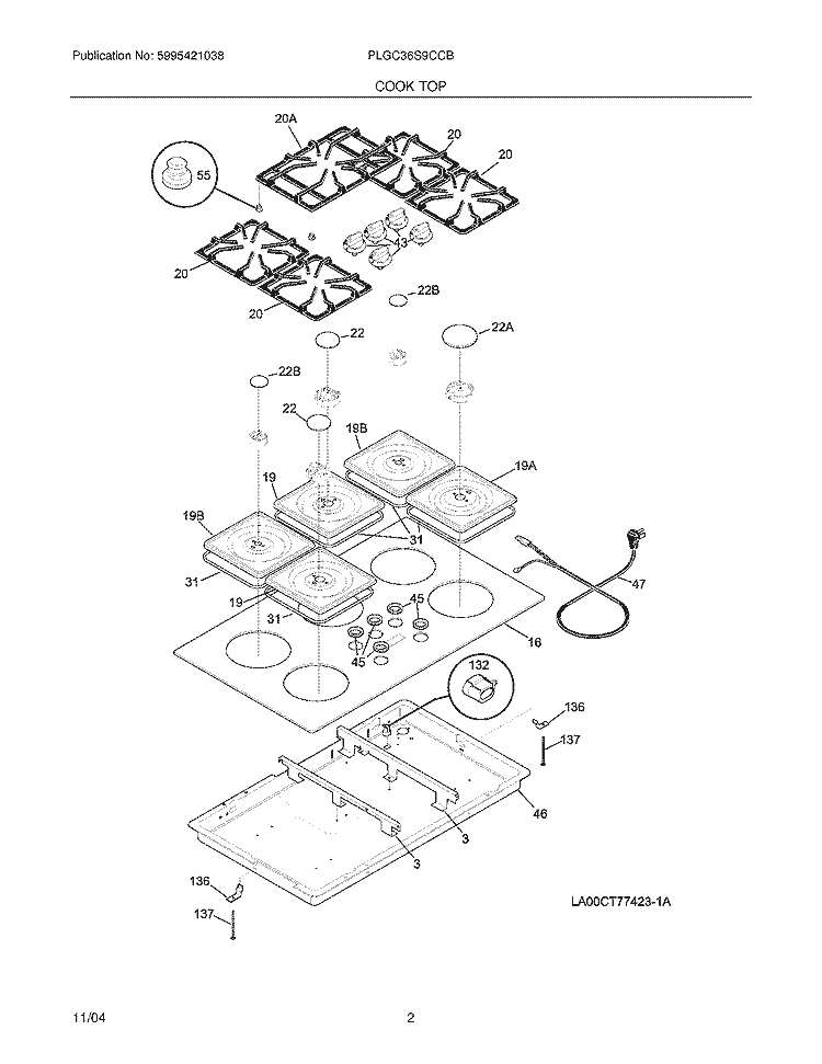 MAINTOP Diagram and Parts List for PLGC36S9CCB  Frigidaire Cooktop