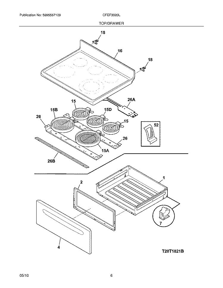 TOP/DRAWER Diagram and Parts List for CFEF3020LWA  Frigidaire Range
