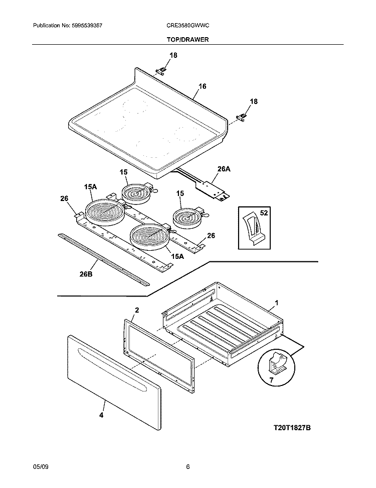 TOP/DRAWER Diagram and Parts List for CRE3580GWWC  Crosley Range