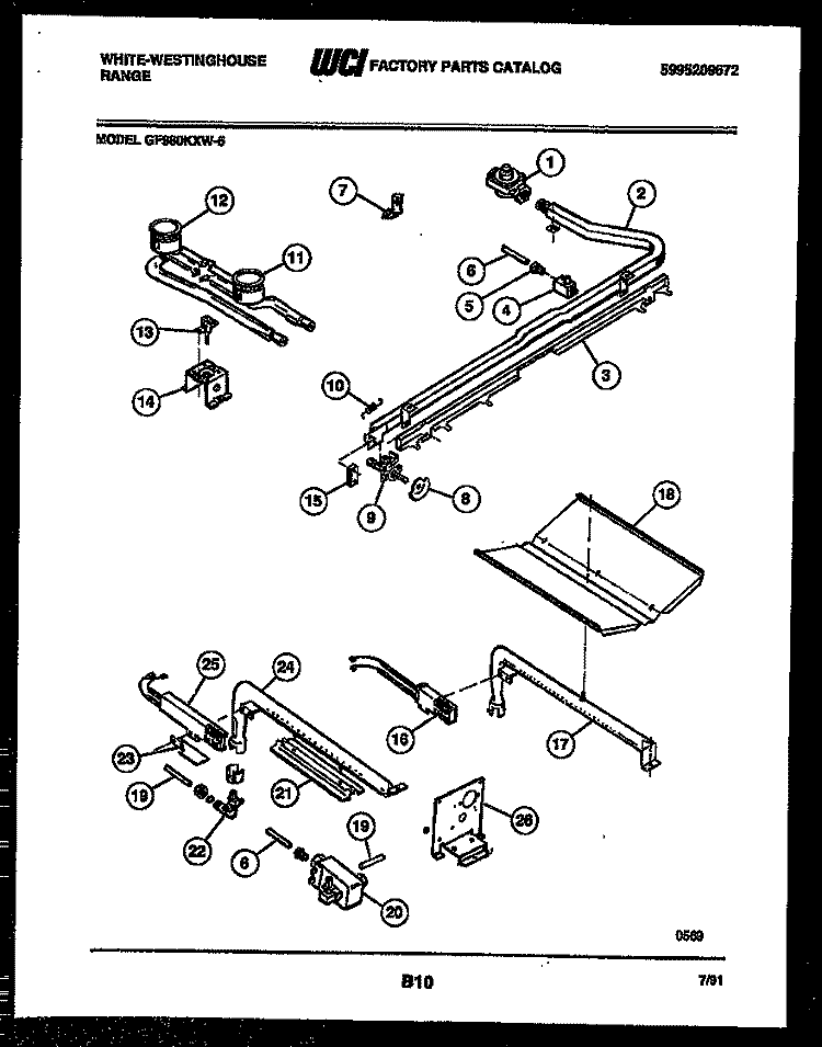 BURNER, MANIFOLD AND GAS CONTROL Diagram and Parts List for GF980KXD5  Frigidaire Range