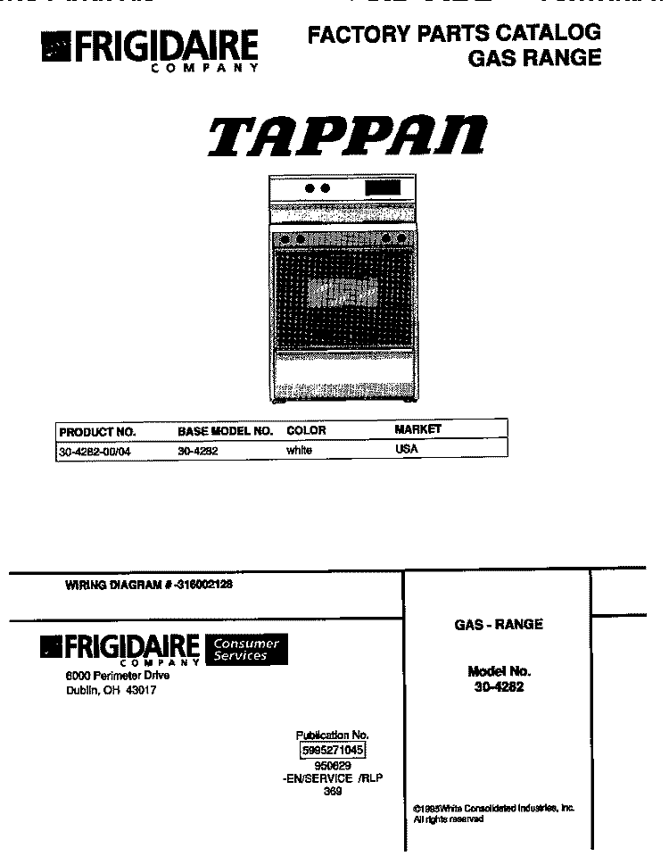 COVER Diagram and Parts List for 30-4282-00-04  Tappan Range