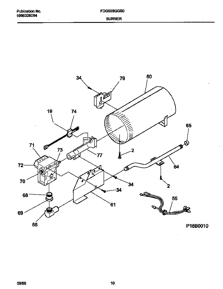 P16B0010 BURNER, VALVE Diagram and Parts List for FDG558GGS0  Frigidaire Dryer