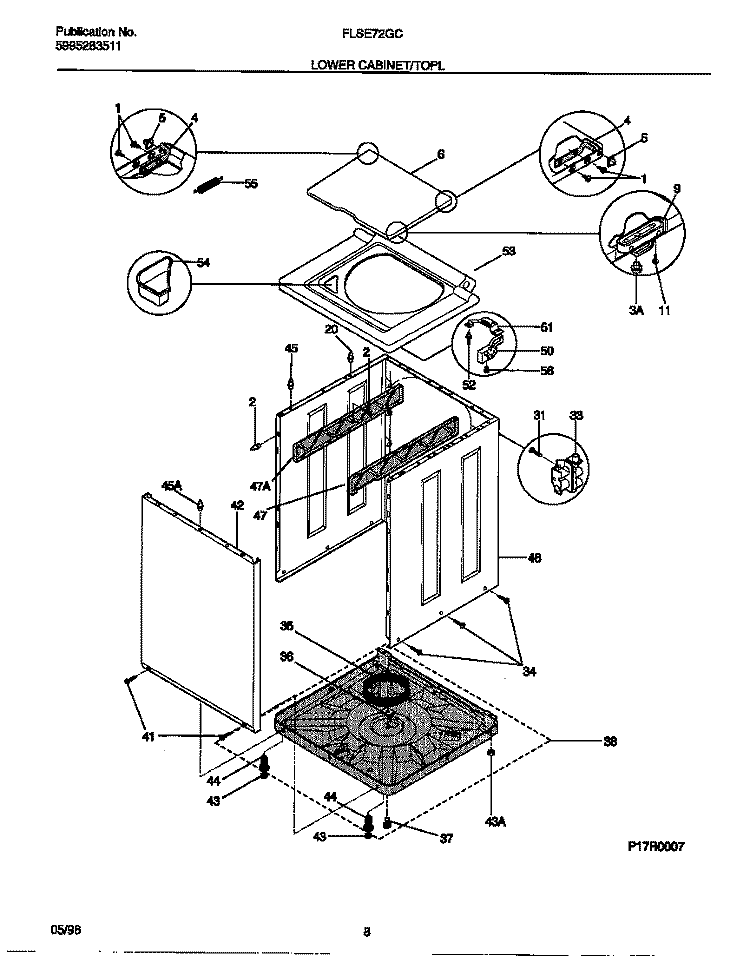 LOWER CABINET / TOP Diagram and Parts List for FLSE72GCS3  Frigidaire Washer Dryer Combo