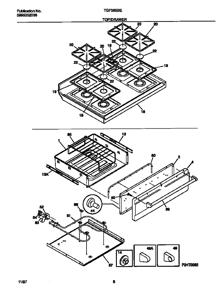 TOP / DRAWER Diagram and Parts List for TGF365BEWC  Tappan Range