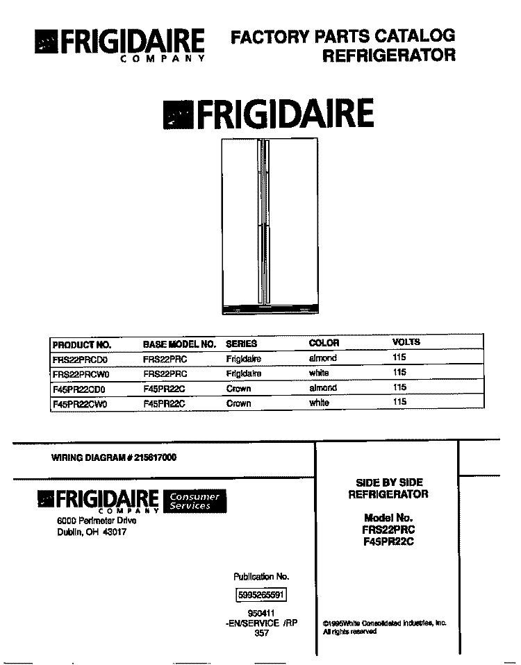 COVER Diagram and Parts List for F45PR22CW0  Frigidaire Refrigerator