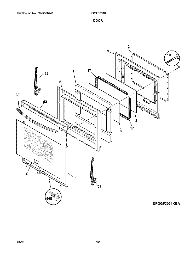DOOR Diagram and Parts List for BGGF3031KWG  Frigidaire Range