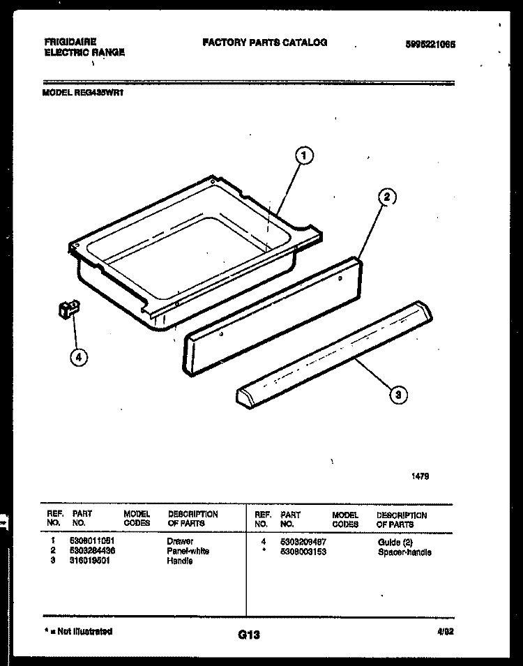 DRAWER PARTS Diagram and Parts List for REG435WRW1  Frigidaire Range