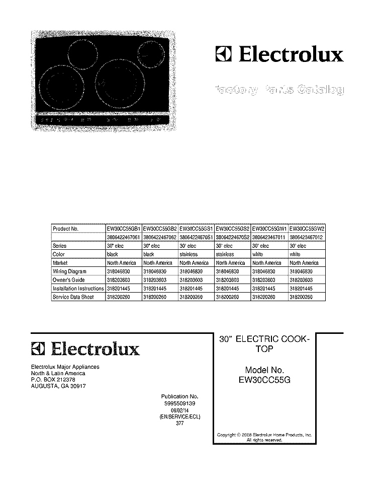 COVER Diagram and Parts List for EW30CC55GB2  Electrolux Cooktop