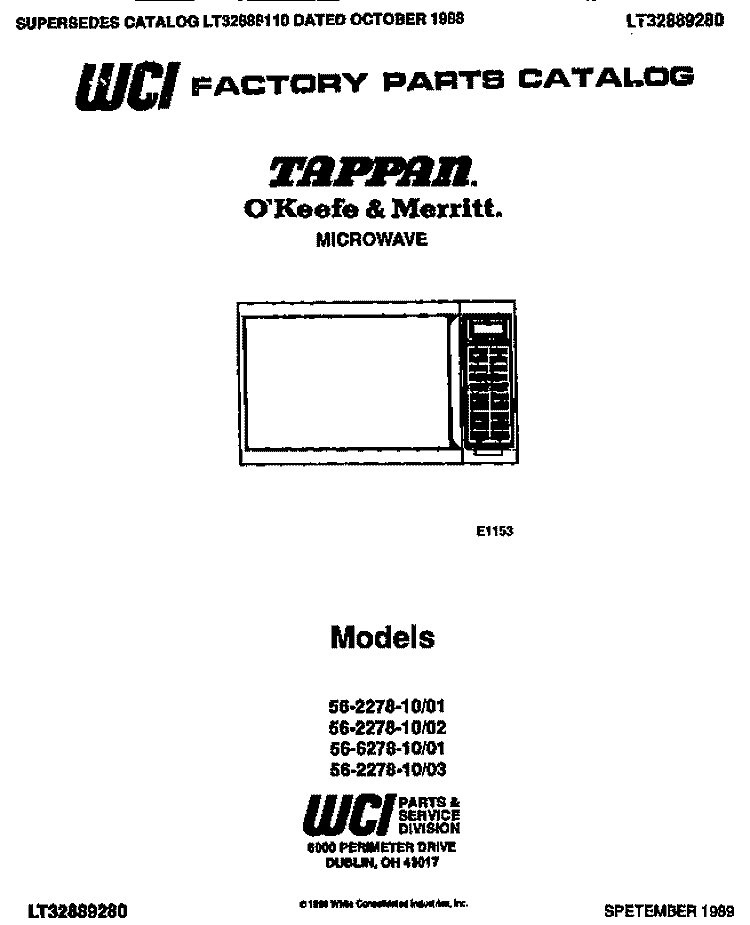 COVER Diagram and Parts List for 56-2278-10-02  Tappan Microwave