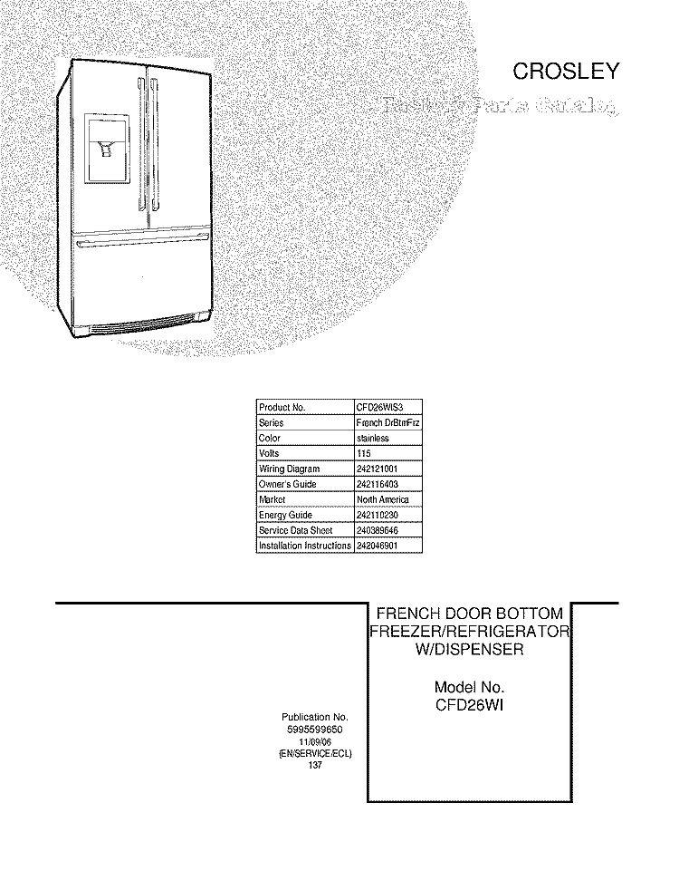 COVER Diagram and Parts List for CFD26WIS3  Crosley Refrigerator