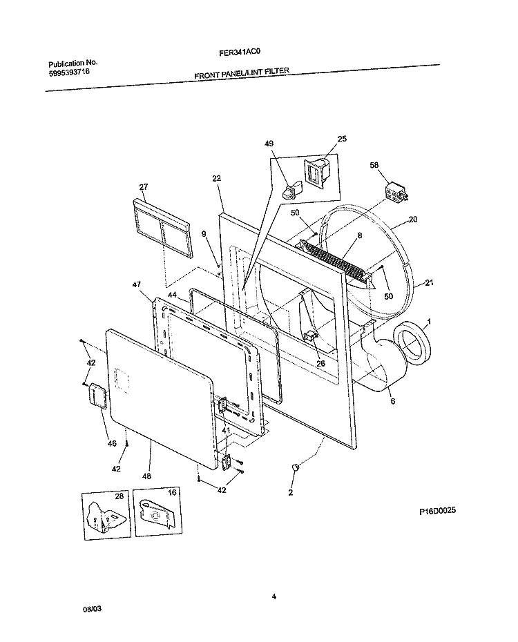 FRONT PANEL / LINT FILTER Diagram and Parts List for FER341AC0  Frigidaire Dryer
