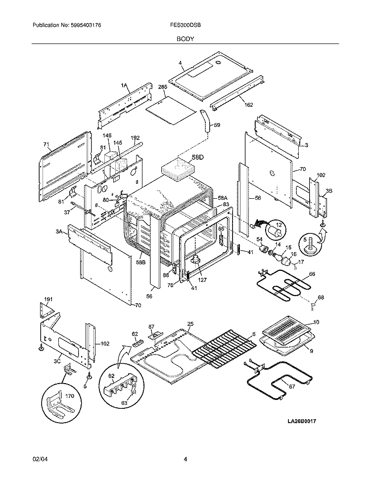 BODY Diagram and Parts List for FES300DSB  Frigidaire Range