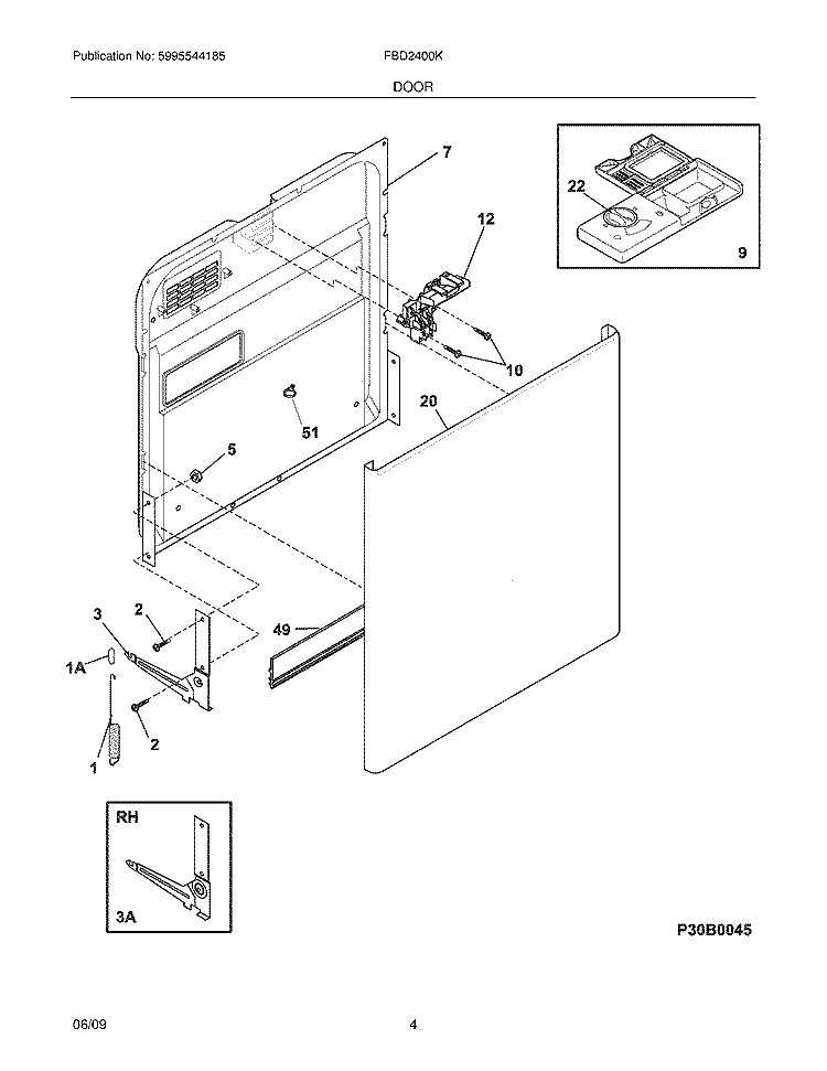 DOOR Diagram and Parts List for FBD2400KQ0  Frigidaire Dishwasher