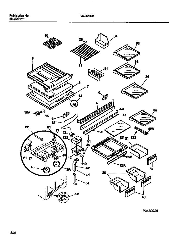 SHELVES, CONTROLS, DIVIDER, MULLION Diagram and Parts List for F44Q20CBW0  Frigidaire Refrigerator