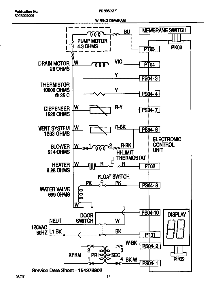 WIRING DIAGRAM Diagram and Parts List for FDB989GFW0  Frigidaire Dishwasher