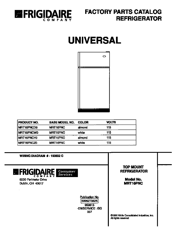 COVER Diagram and Parts List for MRT16PNCZ0  Frigidaire Refrigerator