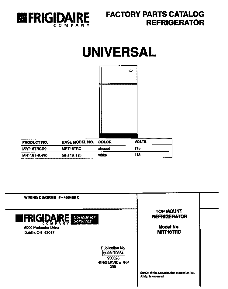 COVER Diagram and Parts List for MRT18TRCW0  Frigidaire Refrigerator