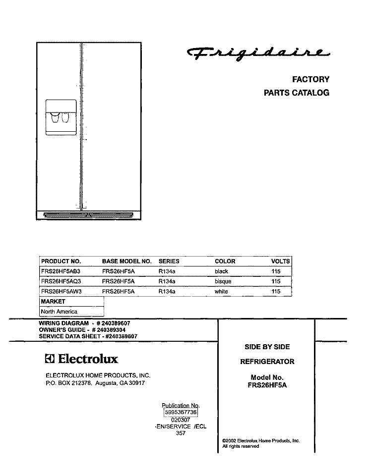COVER Diagram and Parts List for FRS26HF5AQ3  Frigidaire Refrigerator