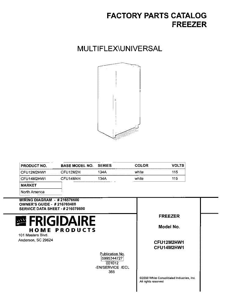 COVER Diagram and Parts List for CFU12M2HW1  Frigidaire Freezer