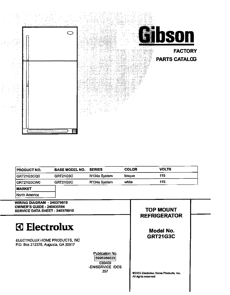 COVER Diagram and Parts List for GRT21G3CQ0  Gibson Refrigerator