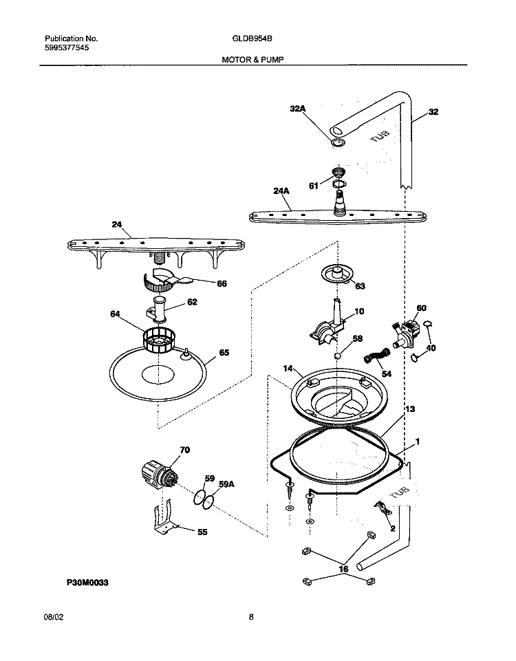 MOTOR & PUMP Diagram and Parts List for GLDB954BB0  Frigidaire Dishwasher
