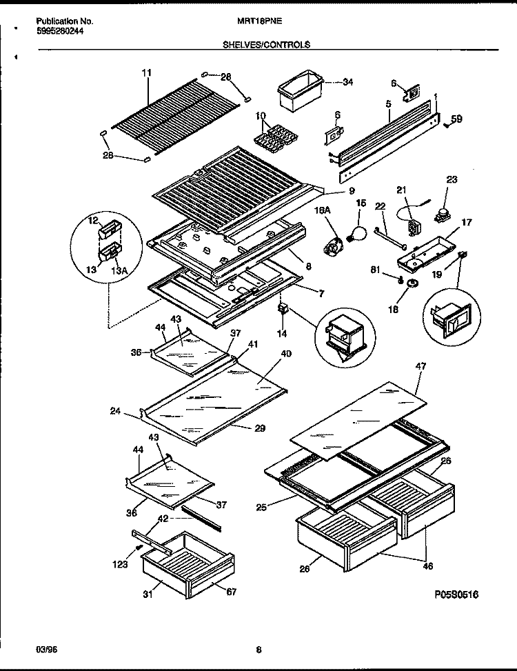 SHELVES / CONTROLS Diagram and Parts List for MRT18PNED0  Frigidaire Refrigerator