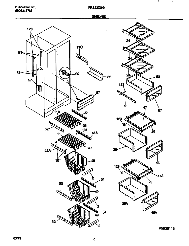 SHELVES Diagram and Parts List for FRS22ZGGD4  Frigidaire Refrigerator