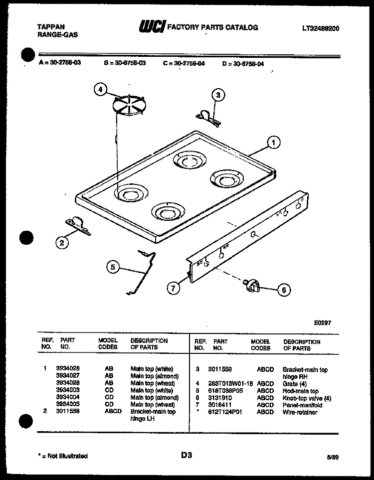 COOKTOP PARTS Diagram and Parts List for 30-2758-00-03  Tappan Range