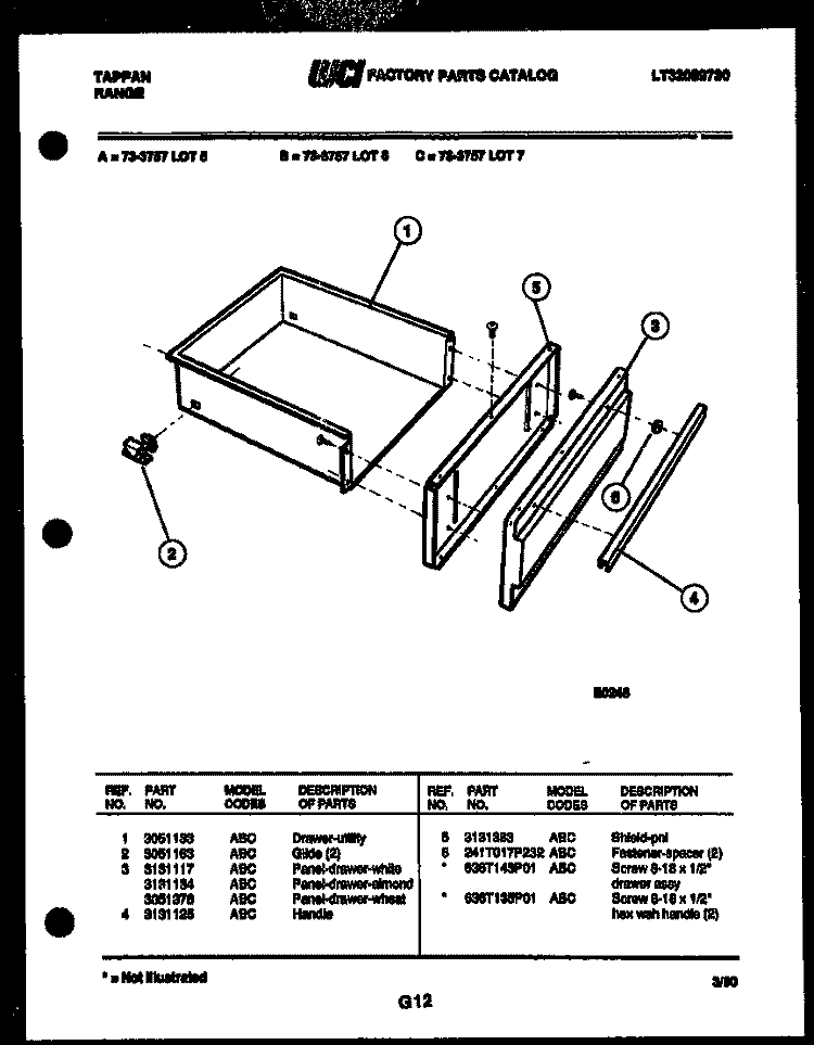 DRAWER PARTS Diagram and Parts List for 73-3757-00-07  Tappan Range